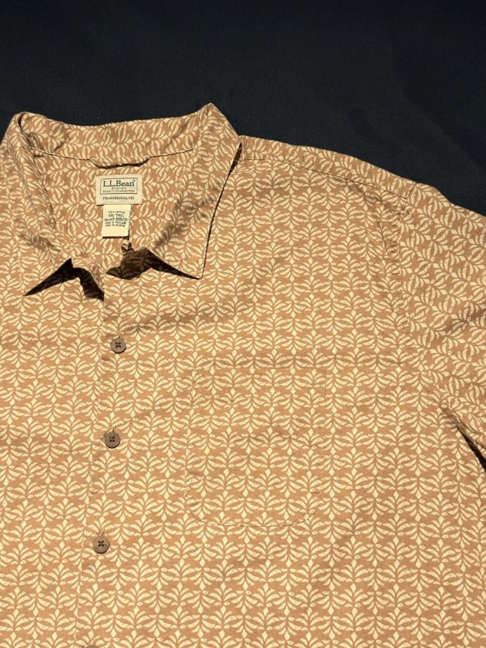 LL Bean Mens Shirt XXL Tall Brown/Cream Short Sleeve Button Down 100% Cotton